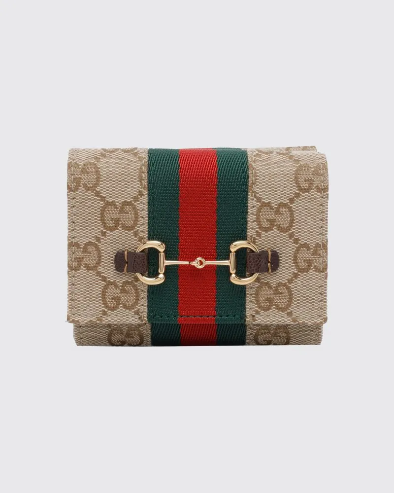 Gucci Trifold-Geldbörse Horsebit Web aus GG Supreme-Stoff Beige