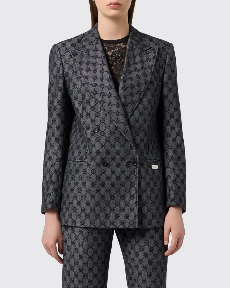 Philipp Plein Zweireihiger Baumwollblazer mit Jacquard-Monogramm und Hexagon-Logo Schwarz