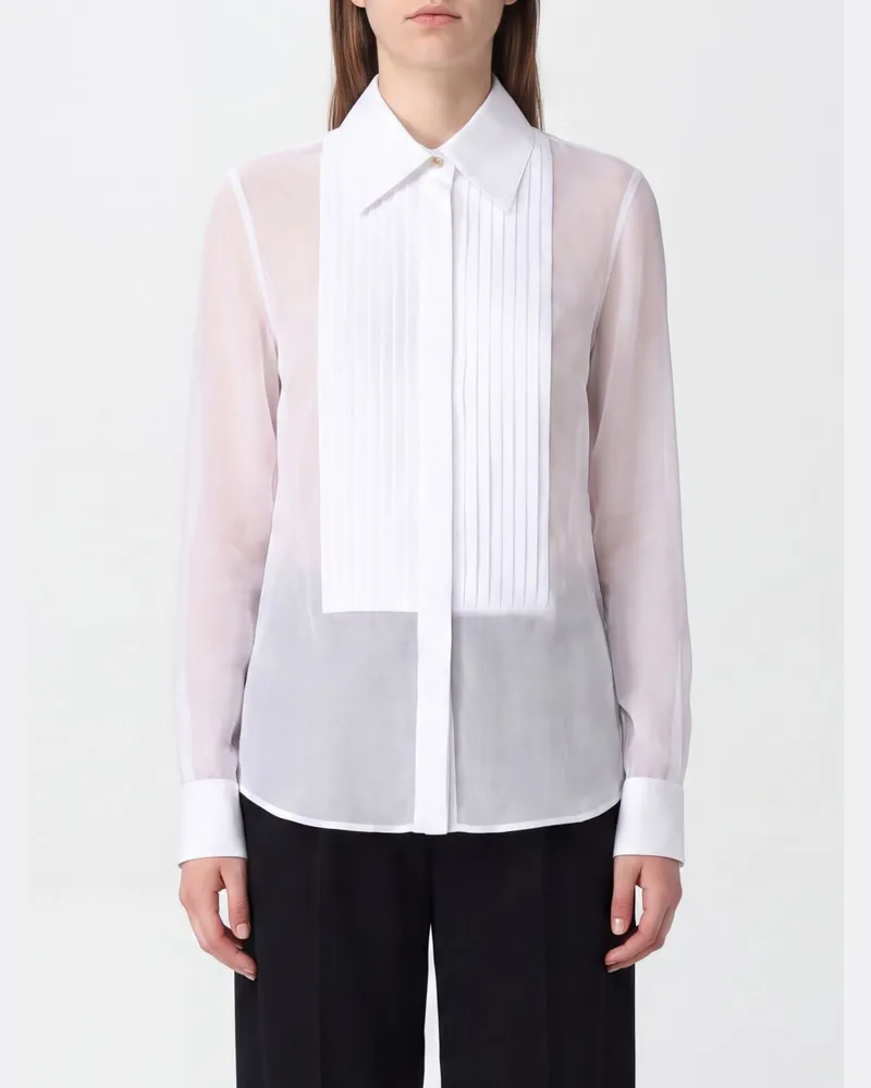 Elisabetta Franchi Slim-Fit-Bluse aus Seide und Organza mit besticktem Plastron Ivory