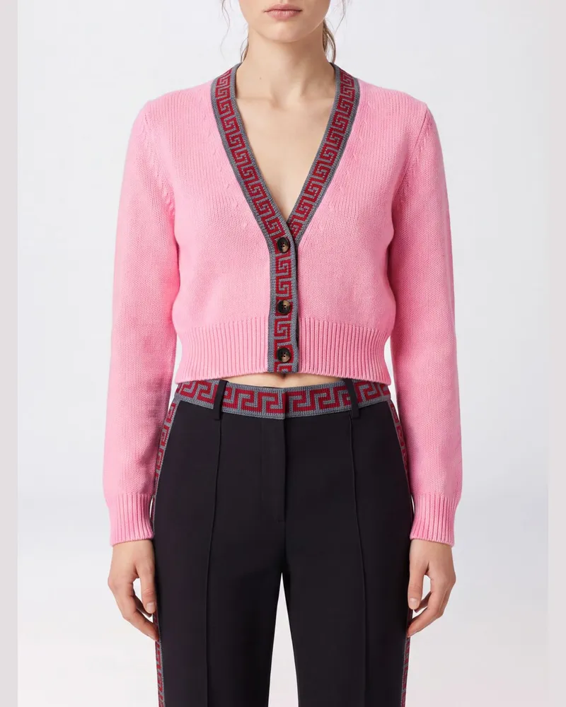 Versace Greca V-Ausschnitt-Cardigan aus Schurwolle und Kaschmir Pink