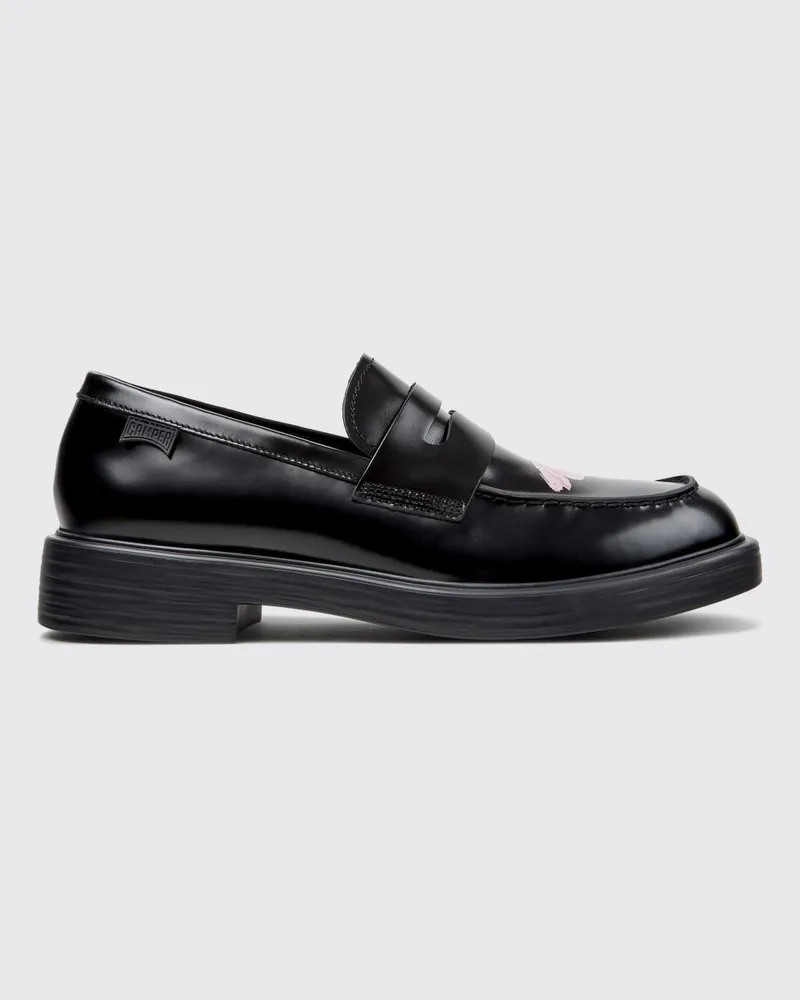 Camper Twins Penny Loafers aus gebürstetem Leder mit Blumenmuster Schwarz