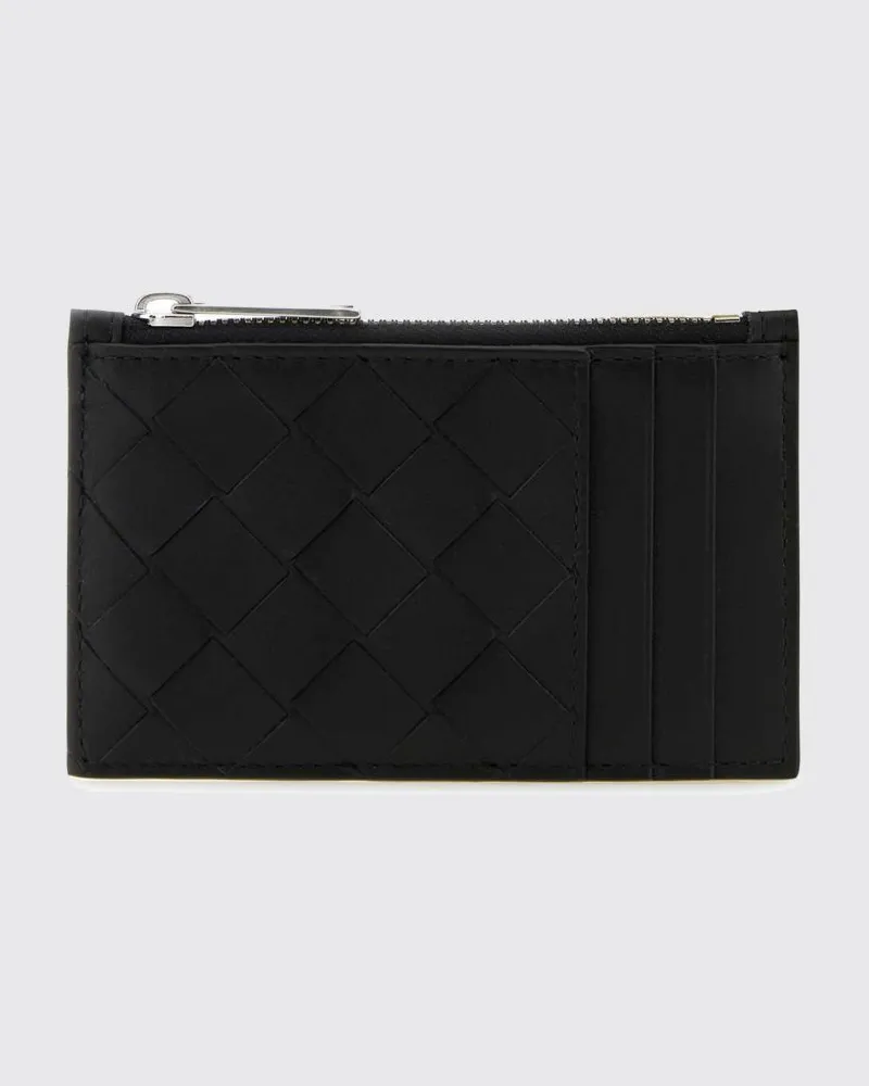 Bottega Veneta Kartenetui aus geflochtenem Kalbsleder mit Reißverschluss und sechs Fächern Schwarz