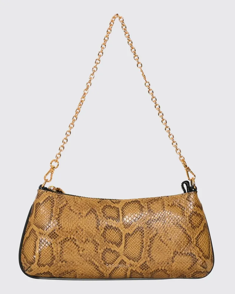 Coccinelle C-Me Schultertasche aus Leder mit Python-Print und Metallnetzgriff Camel