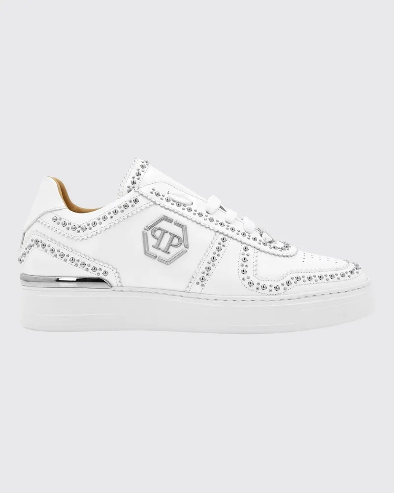 Philipp Plein Low-Top-Sneaker aus gebürstetem Leder mit gesticktem Monogramm Weiß