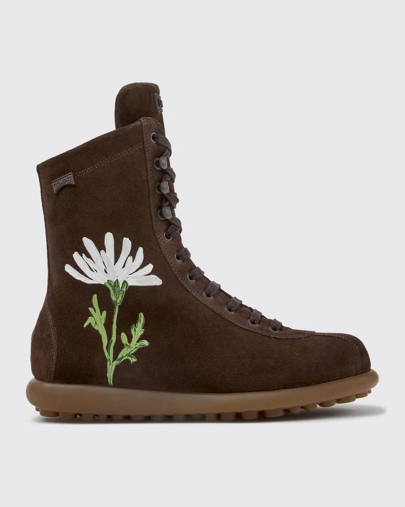 Camper Twins Combat Boots aus Wildleder mit Blumendruck und Reißverschluss Braun