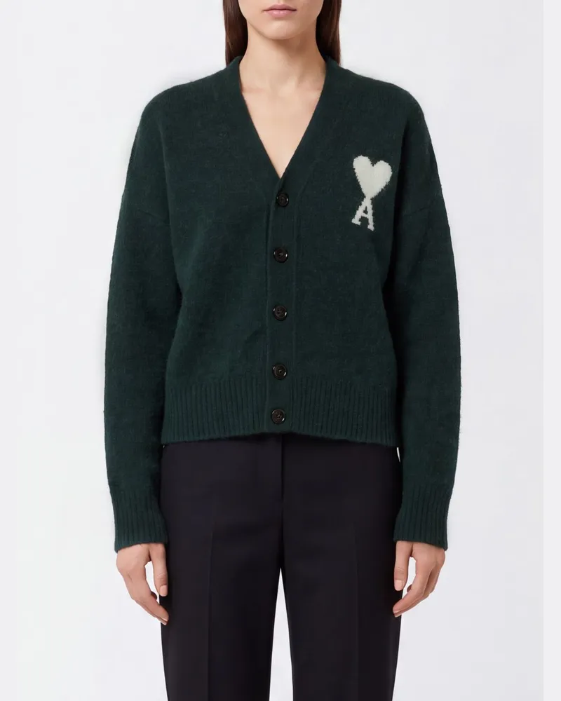 AMI Paris V-Ausschnitt-Cardigan aus Alpakawolle mit Jacquard-Logo Grün