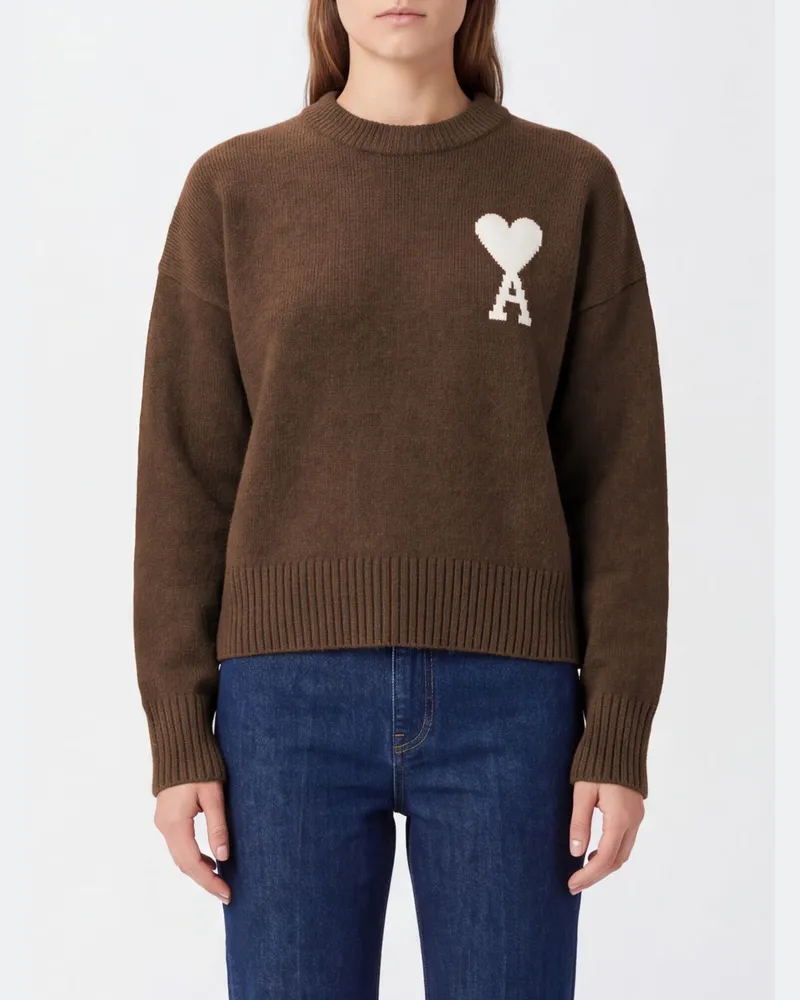 AMI Paris Pullover aus Wolle und Alpaka mit Rundhalsausschnitt und Jacquard-Logo Braun