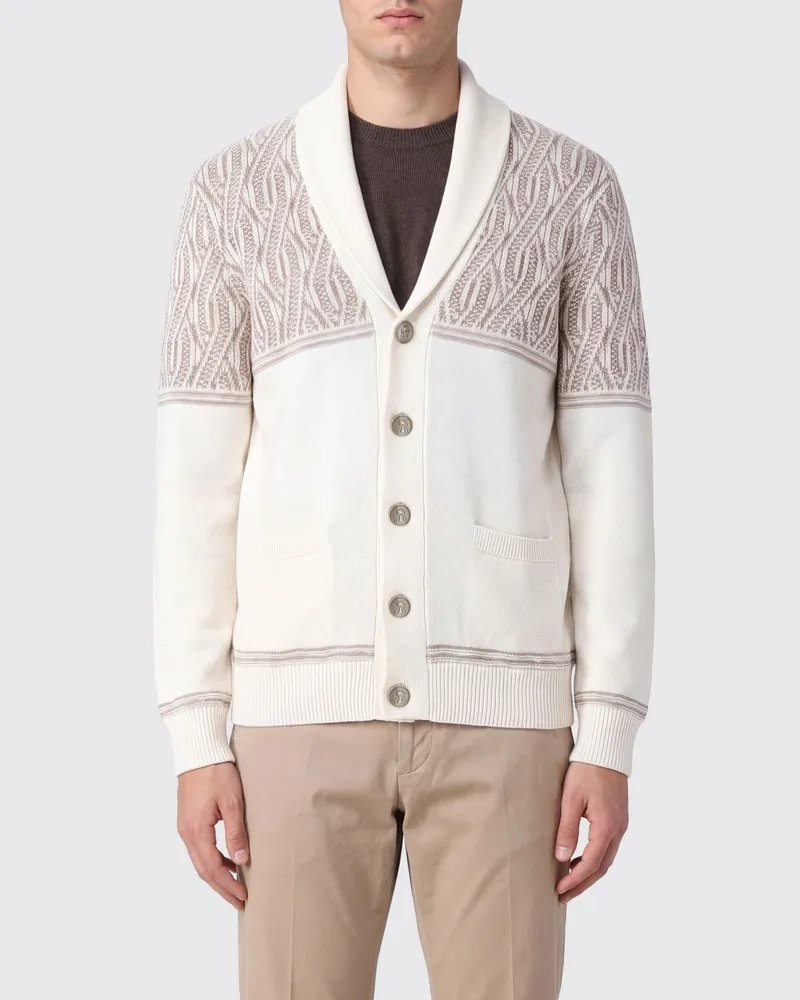 Brunello Cucinelli Cardigan mit Schalkragen aus Baumwolle mit abstraktem Muster Beige