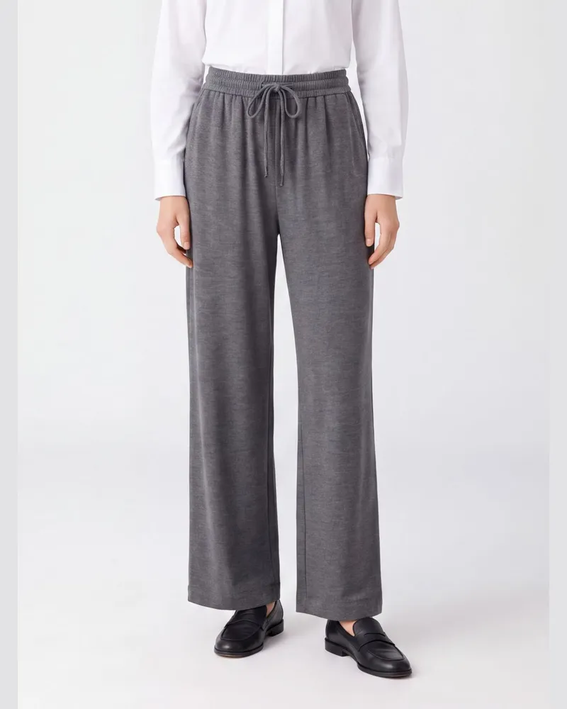 Brunello Cucinelli Weite Hose aus Baumwolle und Seide mit hoher Taille und Kordelzug Grau