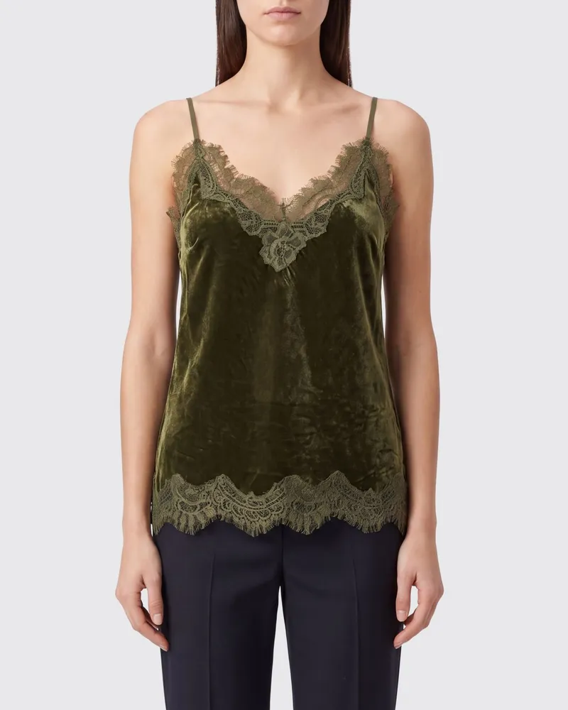 Gold Hawk Clothing Samt-Top mit Spitzeneinsätzen und V-Ausschnitt Olive