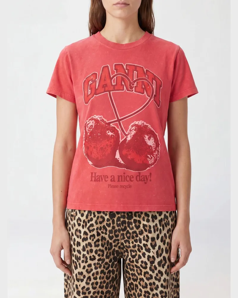 Ganni Baumwoll-T-Shirt mit Rundhalsausschnitt mit gedrucktem Logo Rot