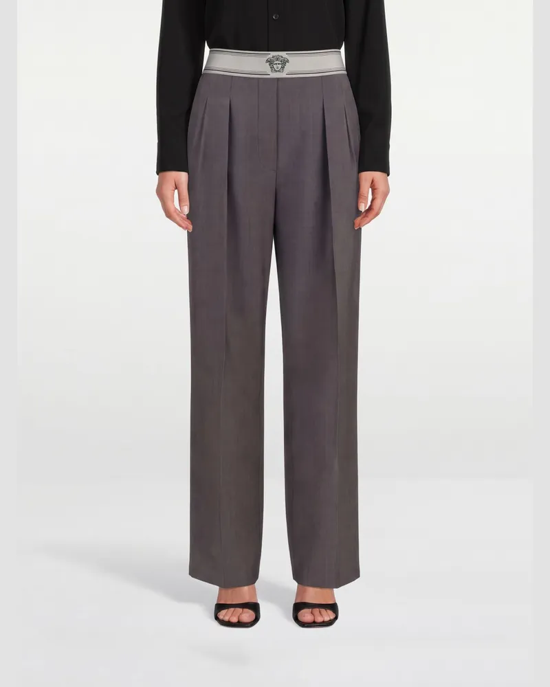 Versace Weit geschnittene Wollmischhose mit Bundfalten und hoher Taille Grau