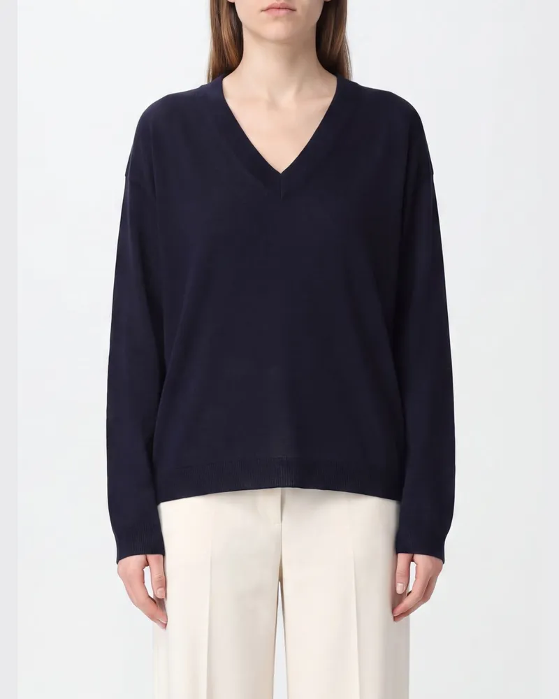 Semicouture Pullover aus reiner Schurwolle mit V-Ausschnitt und überschnittenen Schultern Blau