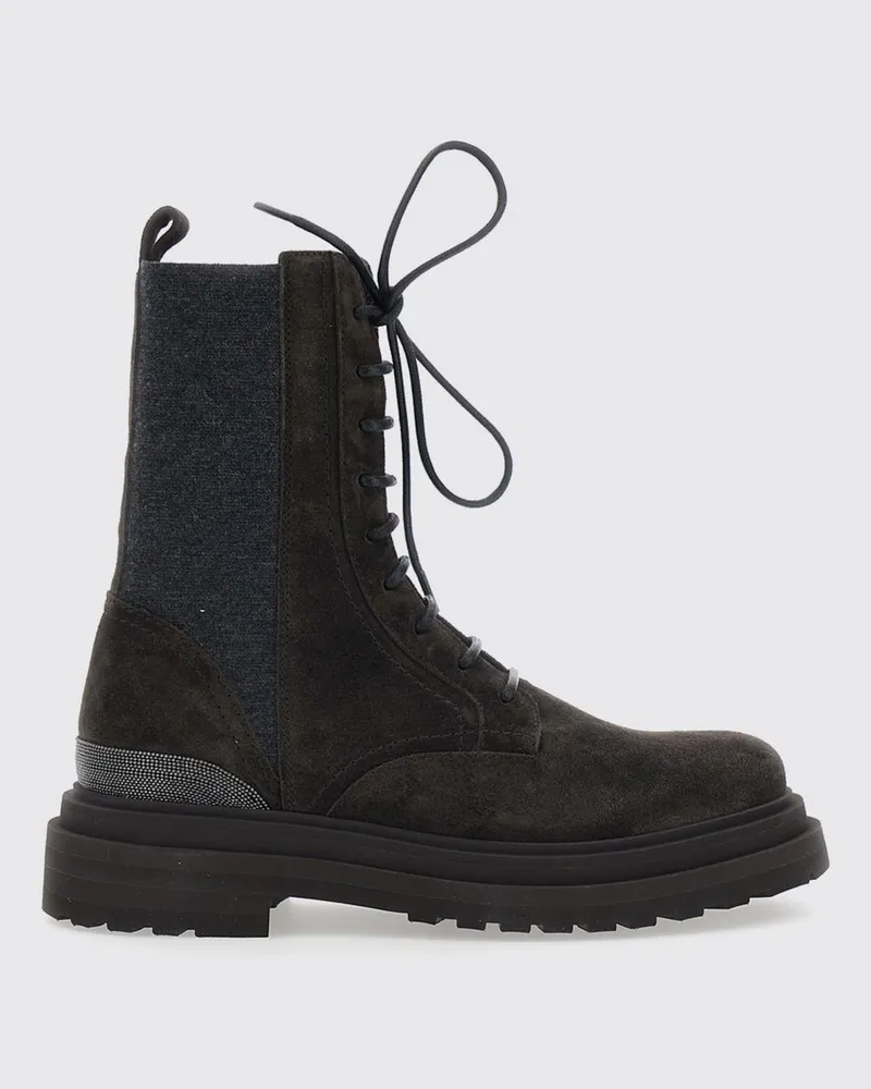 Brunello Cucinelli Wildleder-Combat-Boots mit Monili und seitlichem Reißverschluss Braun