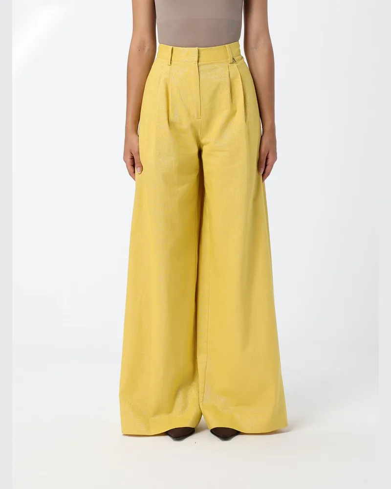 Twin-Set Palazzo-Hose aus Leinen-Baumwoll-Mischung mit hoher Taille Gelb