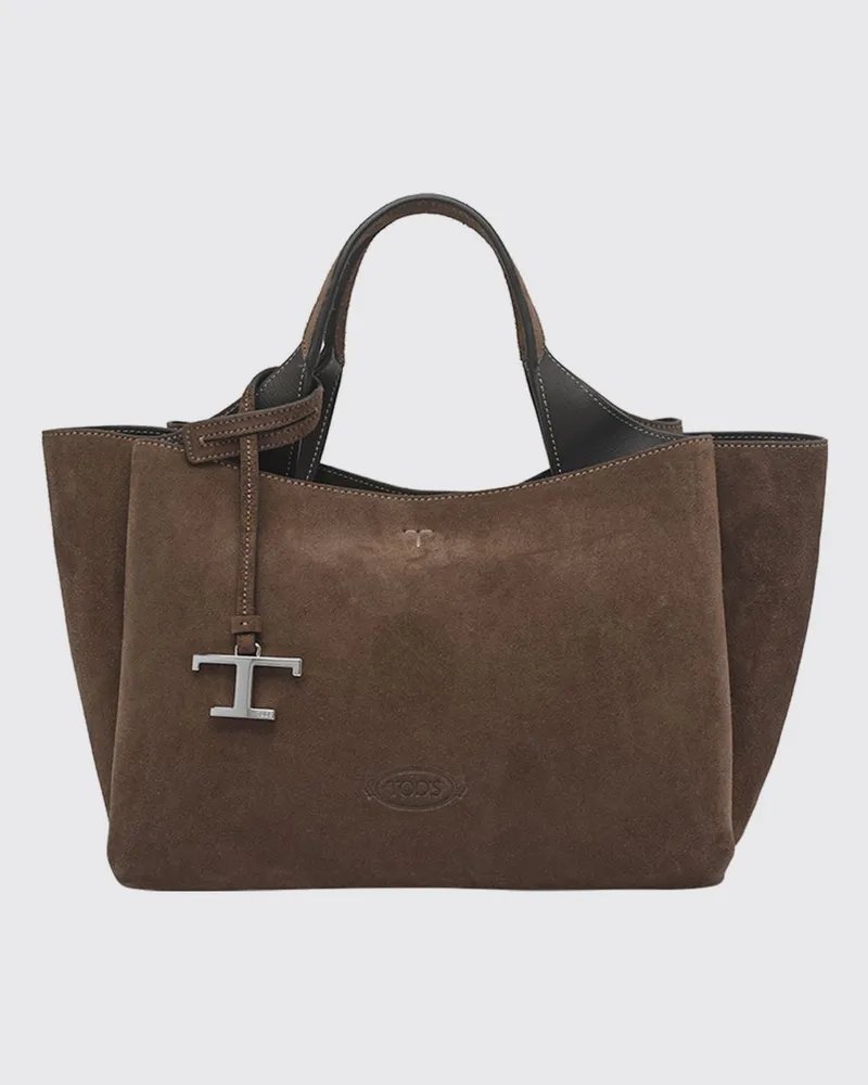 TOD'S Handtasche aus Velourskalbsleder mit abnehmbarem Schultergurt und Logo-Anhänger Braun