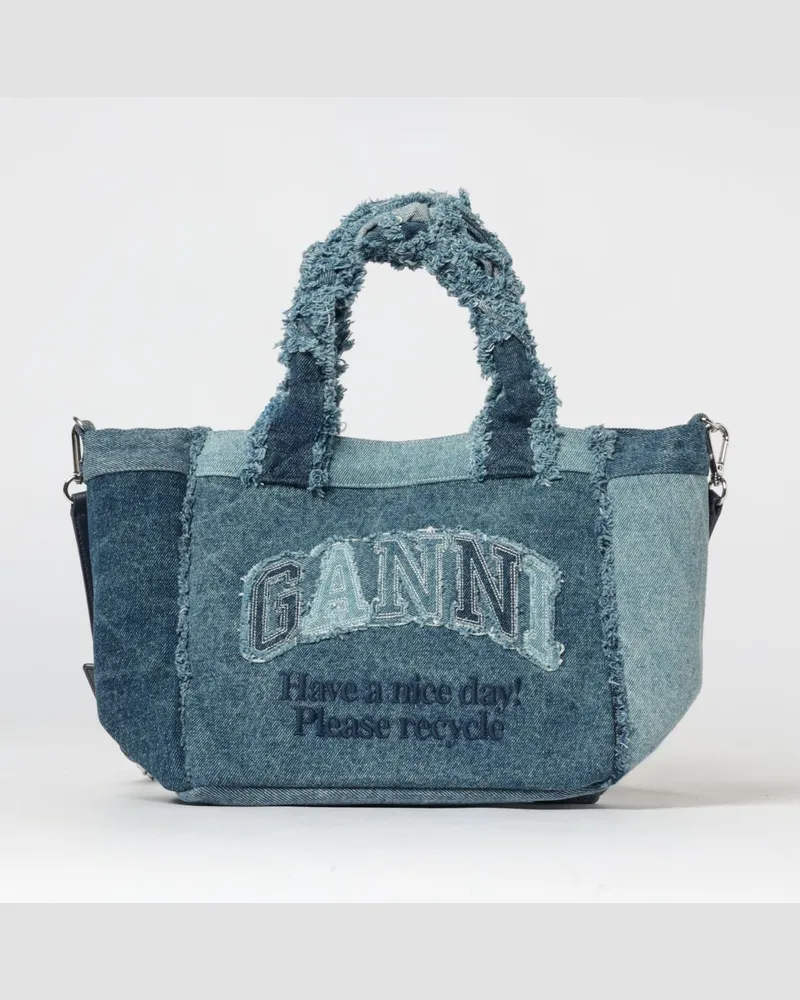 Ganni Handtasche aus recyceltem Baumwoll-Denim mit ausgefransten Griffen Blau