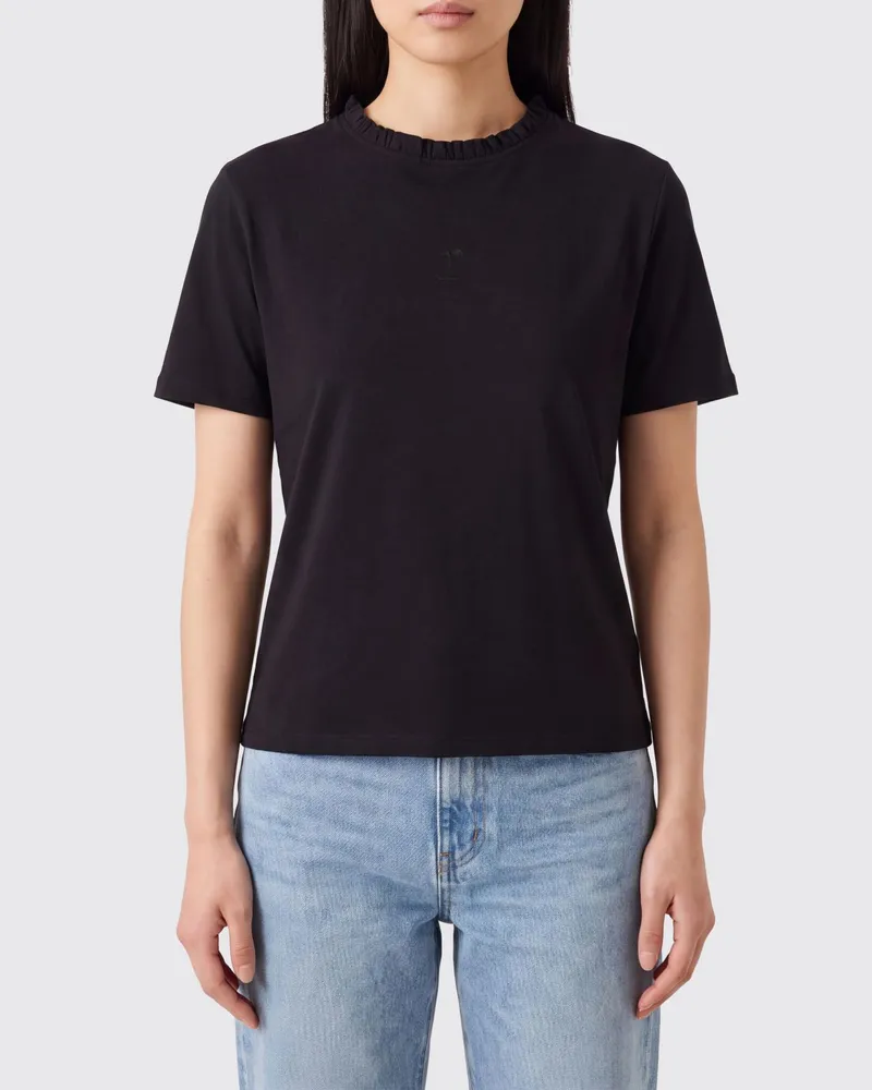 Repetto Kurzärmeliges Stretch-Baumwoll-T-Shirt mit Rüschenkragen Schwarz