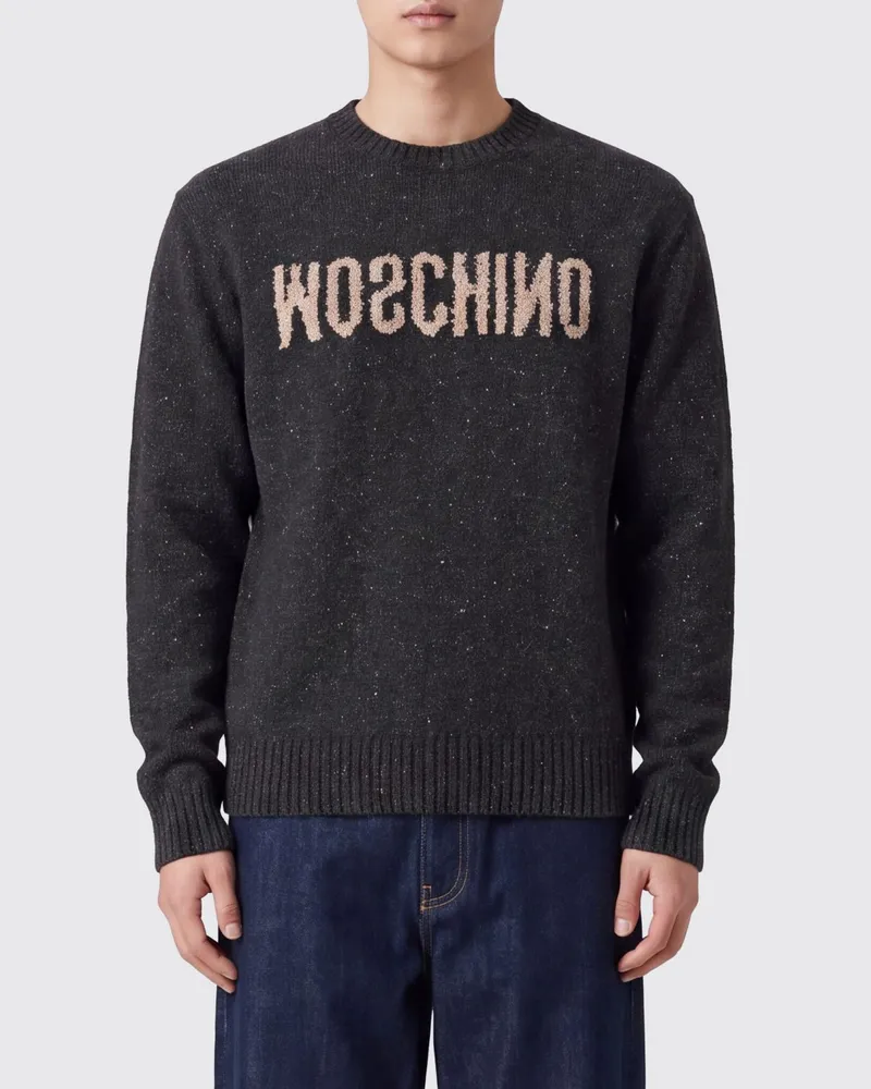 Moschino Pullover mit Rundhalsausschnitt aus Woll-Seiden-Mischung mit Jacquard-Logo Grau