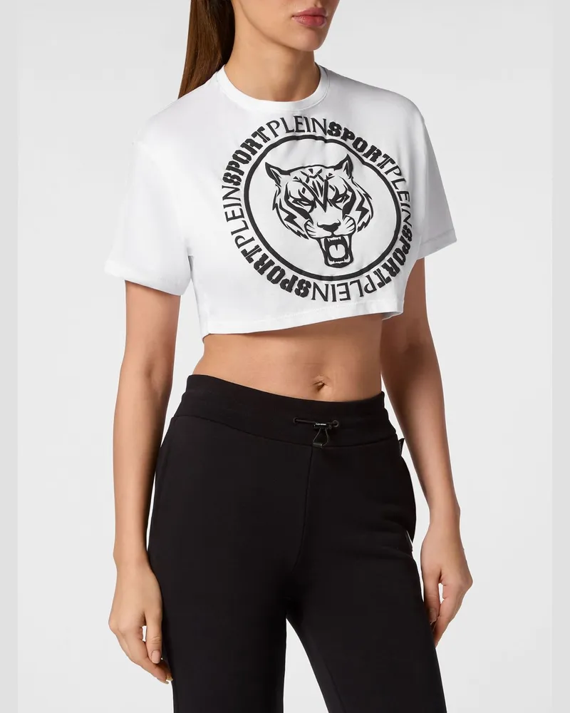 Philipp Plein Cropped-T-Shirt aus Jersey mit kontrastierendem Logo-Print Weiß