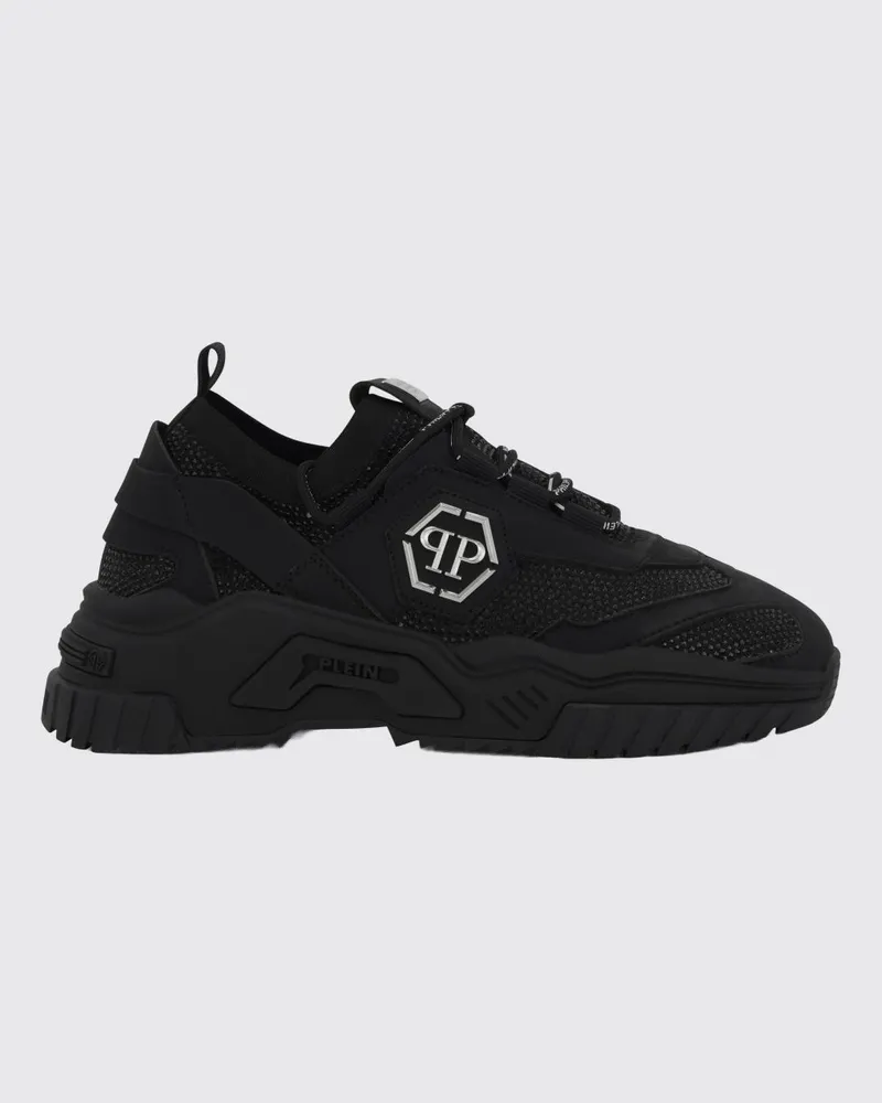 Philipp Plein Niedrige Sneaker aus Leder und Stretch-Viskose mit Monogramm und Strass Schwarz