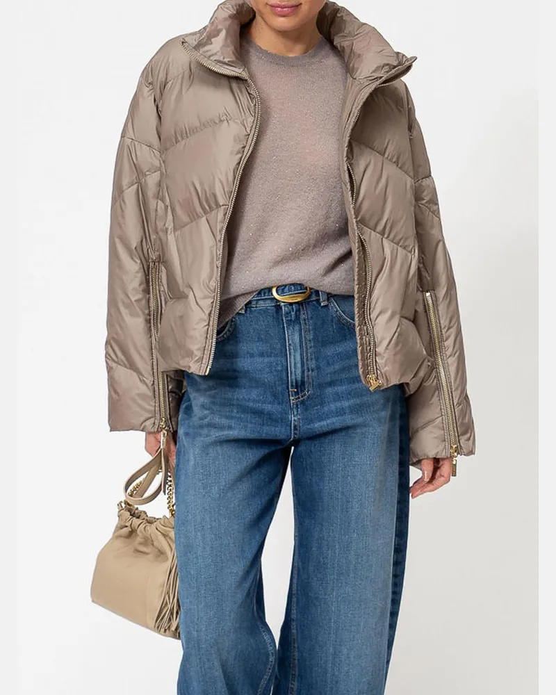 Twin-Set Kurze gesteppte Nylon-Daunenjacke mit Stehkragen und Reißverschluss Beige