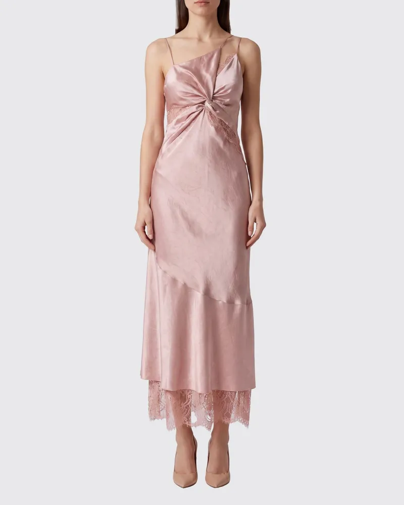 Pinko Asymmetrisches Midi-Slip-Kleid aus Satin mit Spitzeneinsätzen Pink