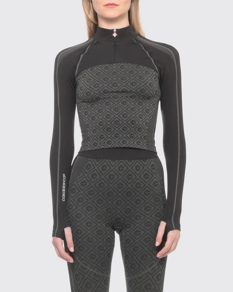 Casablanca Paris Slim Fit Sporttop mit langen Ärmeln, Stehkragen und Halbreißverschluss Schwarz