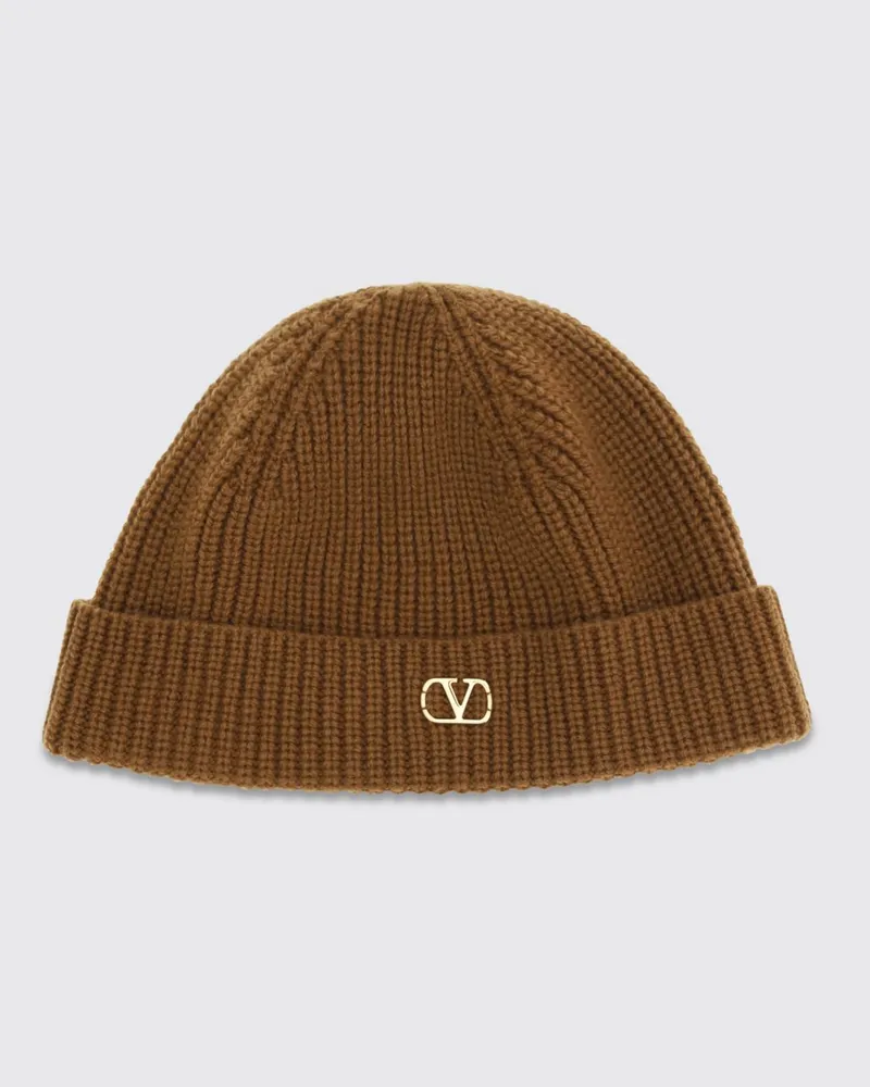 Valentino Garavani Beanie-Mütze aus Kaschmir mit Umschlag und VLogo Signature Camel
