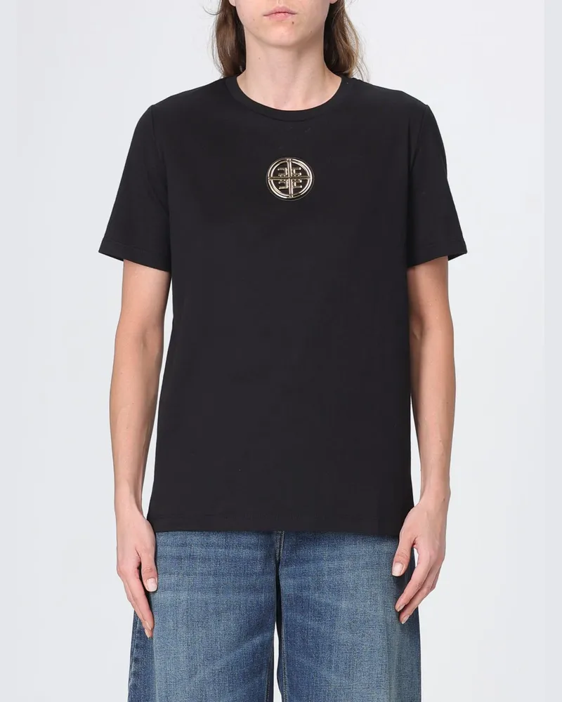 Elisabetta Franchi Baumwoll-T-Shirt mit appliziertem Metalllogo Schwarz