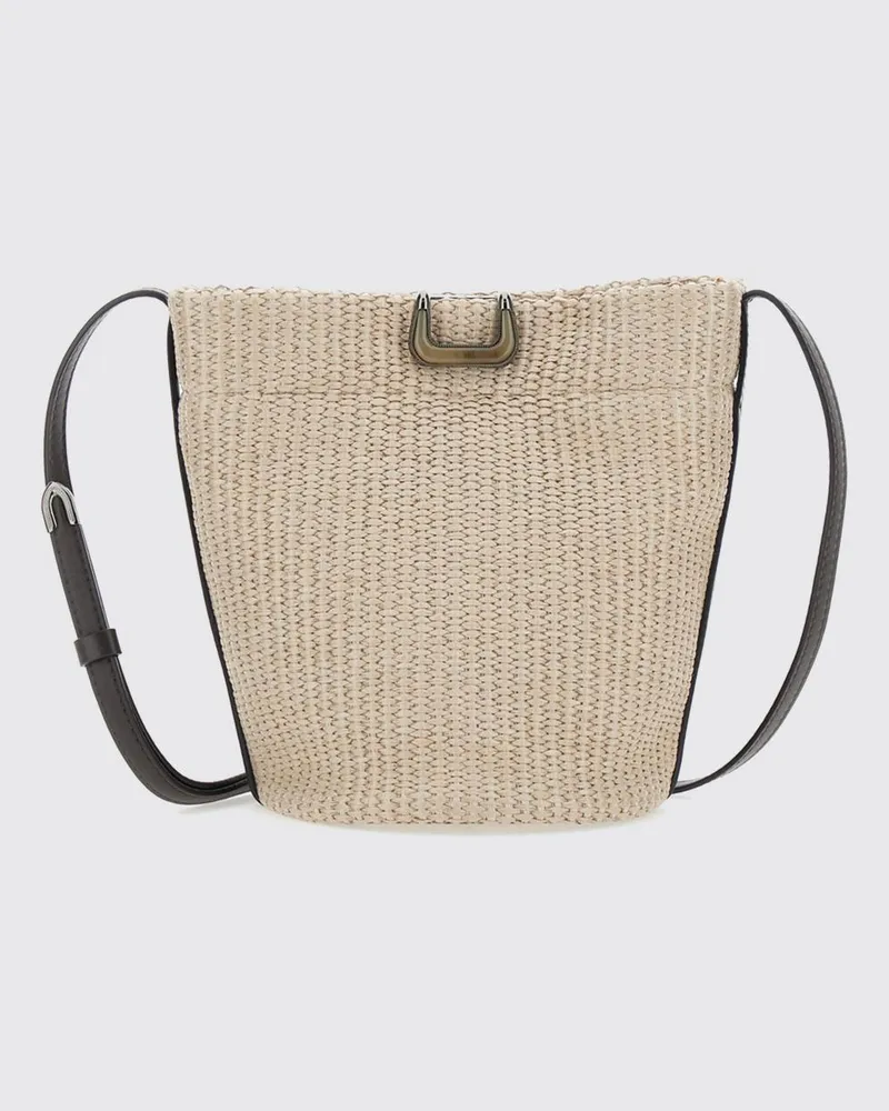 Brunello Cucinelli Mini-Tasche aus gehäkeltem Bast mit Schulterriemen aus Leder Beige