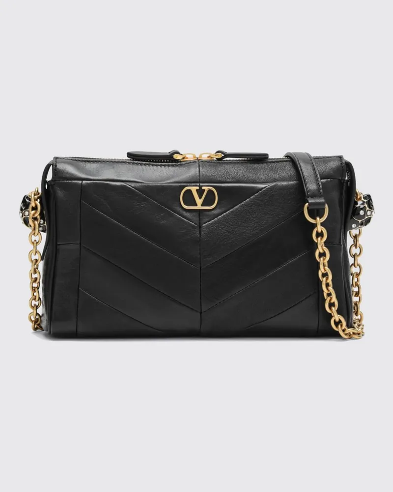 Valentino Garavani Panthea Chevron-Schultertasche aus Leder mit VLogo und Strass Schwarz
