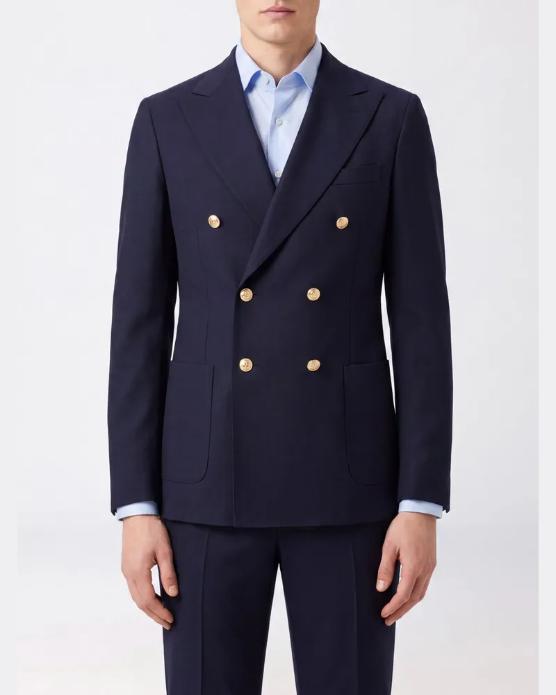 Eleventy Zweireihiger Blazer aus Baumwollmischung mit steigendem Revers Blau
