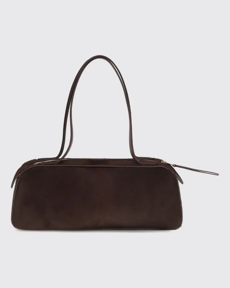 KHAITE Simona Schultertasche aus Leder in Ponyfell-Optik mit doppeltem Henkel Burgunderrot