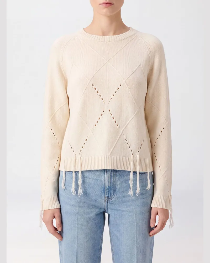 Pinko Berna Argyle-Pullover aus Wolle und Kaschmir mit Fransen-Details Beige