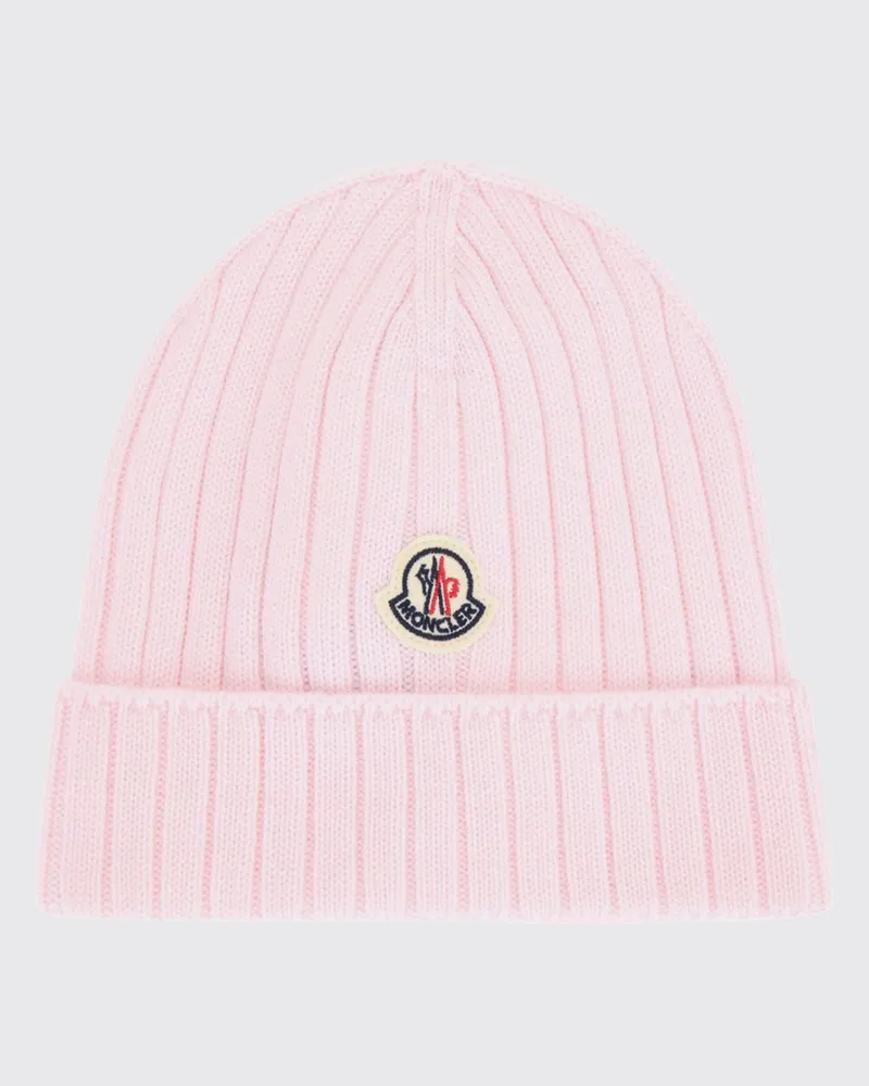 Moncler Gerippte Mütze aus extrafeiner Wolle für Mädchen mit Logo-Patch Pink