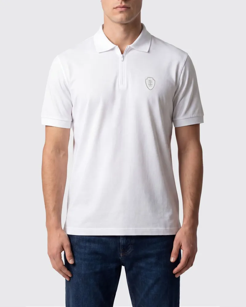 Brunello Cucinelli Kurzärmeliges Poloshirt aus technischem Stoff mit Reißverschluss Weiß