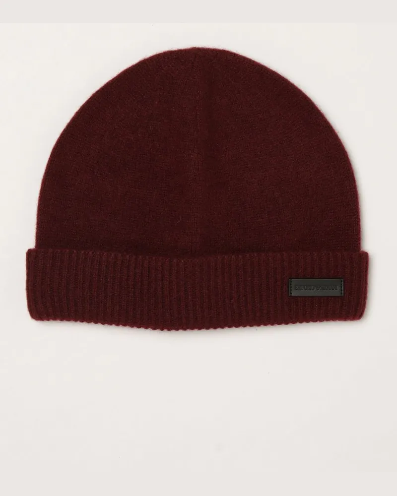 Emporio Armani Beanie-Mütze aus reinem Kaschmir mit Rippstrick Burgunderrot
