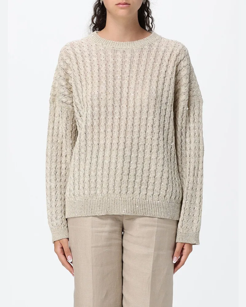 Brunello Cucinelli Dazzling Cable Pullover aus Leinen mit durchbrochenem Strick und Rundhalsausschnitt Beige