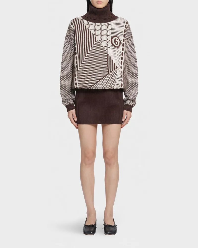 Maison Margiela Wollmisch-Strick-Minikleid mit Rollkragen und Jacquard-Logo Braun
