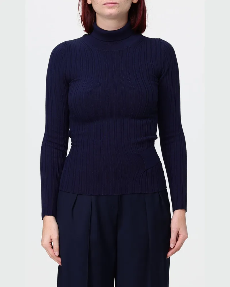 Simona Corsellini Slim-Fit-Rollkragenpullover aus Baumwolle mit Bindegürtel Blau