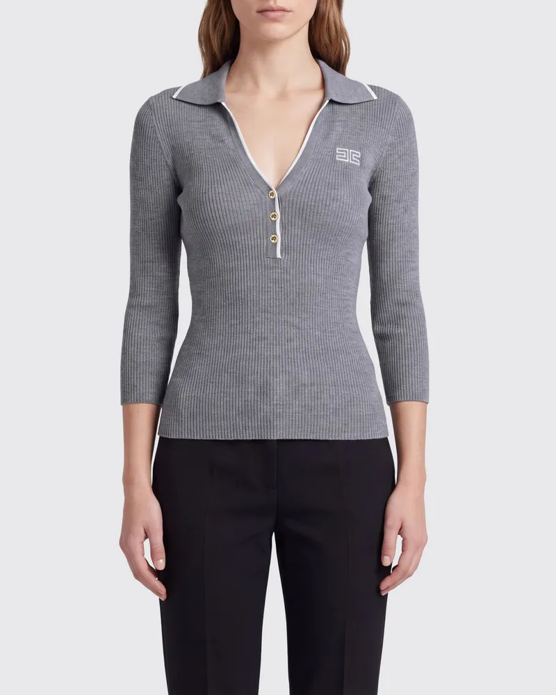 Elisabetta Franchi Slim-Fit-Poloshirt aus Rippstrick mit langen Ärmeln Grau