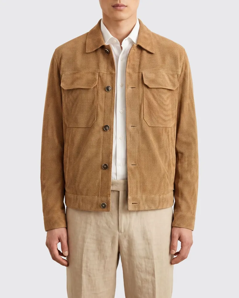 HUGO BOSS Perforierte Wildleder-Hemdjacke mit Pattentaschen Beige