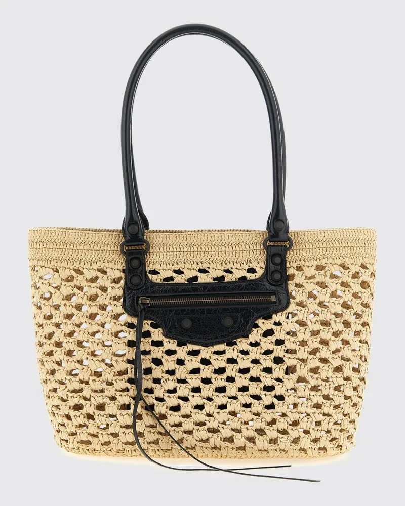 Balenciaga Le City Schultertasche aus Häkel-Bast und Leder mit Nieten Beige