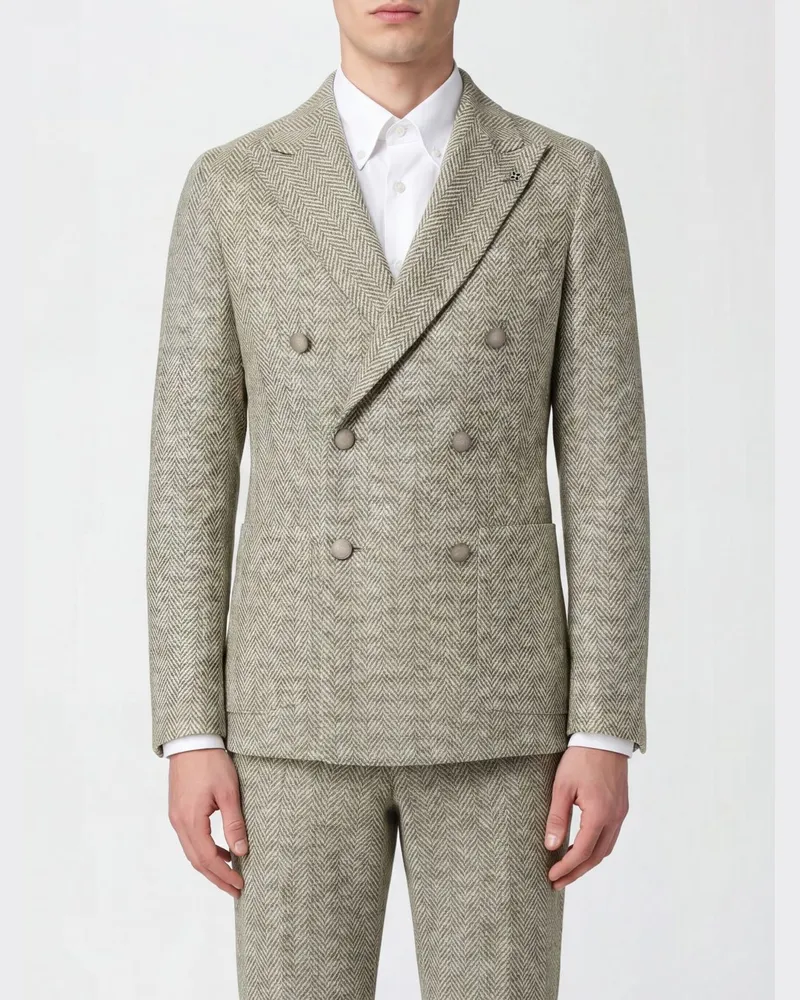 Tagliatore Zweireihiger Blazer von mit Chevron-Muster aus Leinen und Baumwolle Grün
