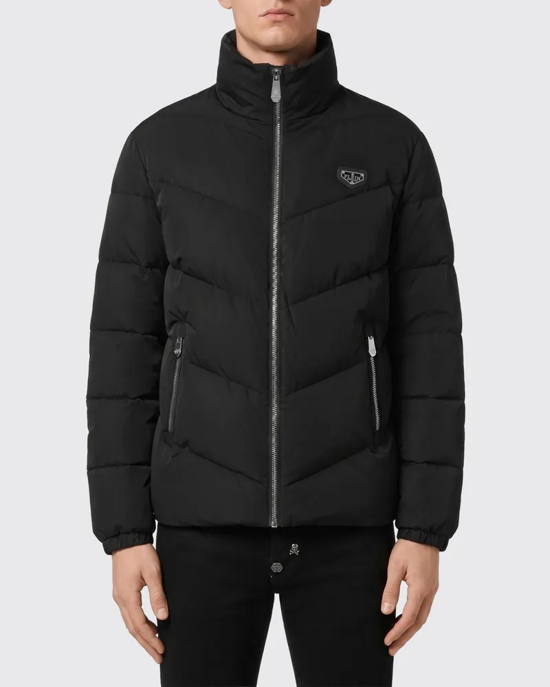 Philipp Plein Kurze Daunenjacke aus gestepptem Nylon mit Reißverschluss und Logo Schwarz