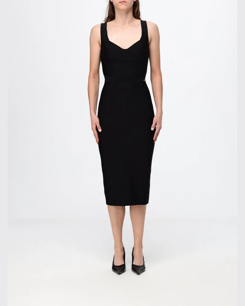 Elisabetta Franchi Midi-Etuikleid aus Jersey mit V-Ausschnitt und schulterfreiem Design Schwarz