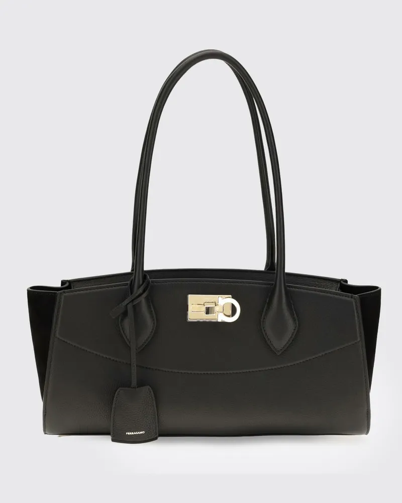Ferragamo Mittelgroße Studio Schultertasche aus gehämmertem Leder mit Gancini-Logo Schwarz
