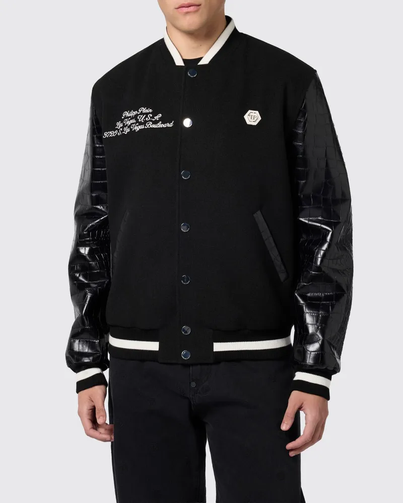Philipp Plein Varsity-Bomberjacke aus Leder in Kroko-Optik mit Kontrast-Logo Schwarz