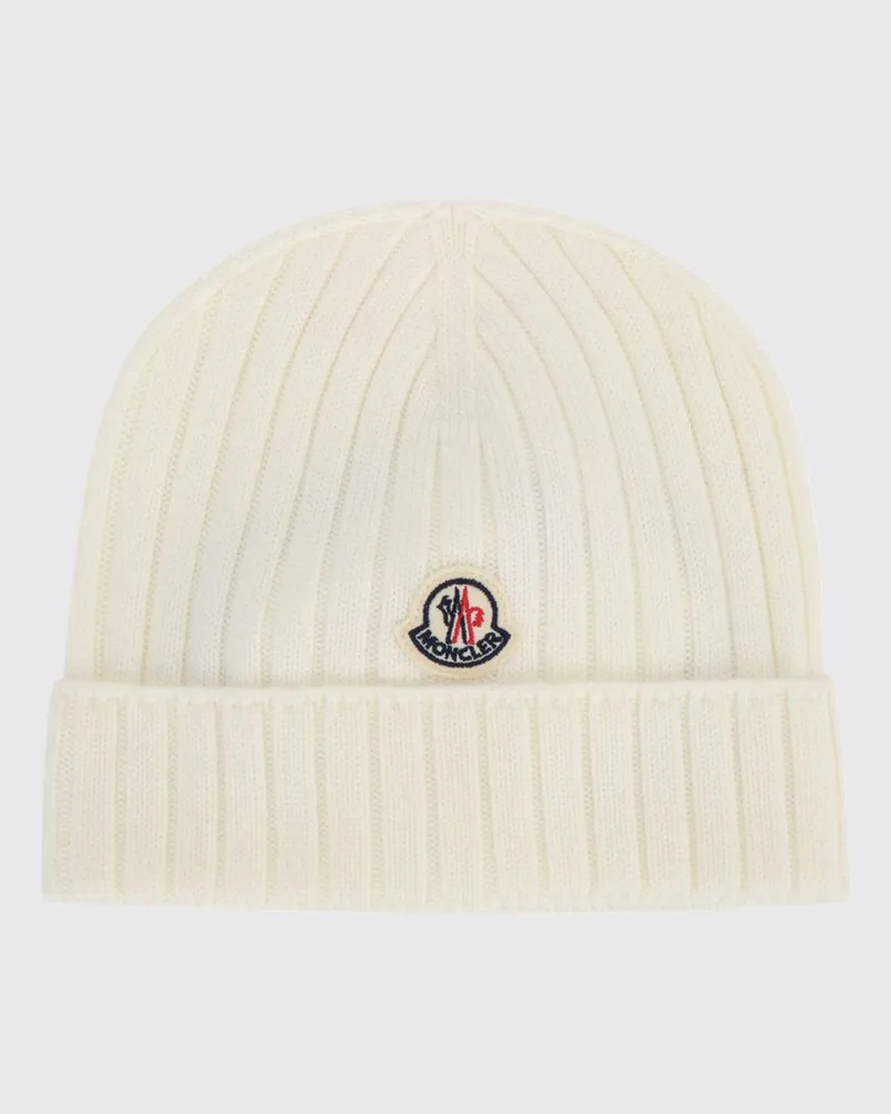 Moncler Gerippte Mütze aus extrafeiner Wolle für Mädchen mit Logo-Patch Blau